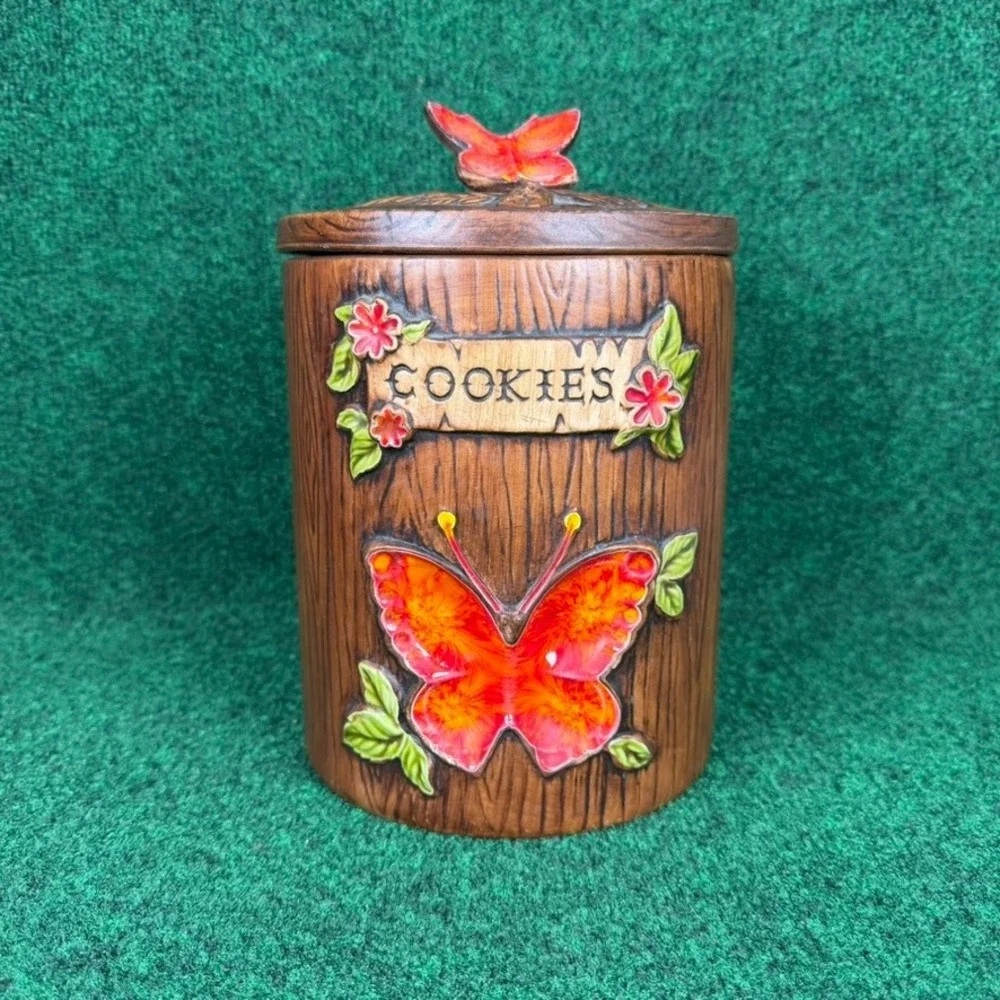 Vintage Treasure Craft Butterfly Cookie Jar Wood Look Ceramic Canister USA Made